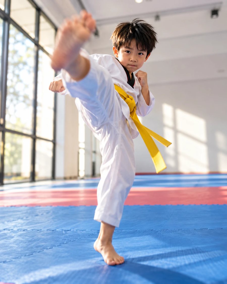 A young student in a yellow belt performing a front kick